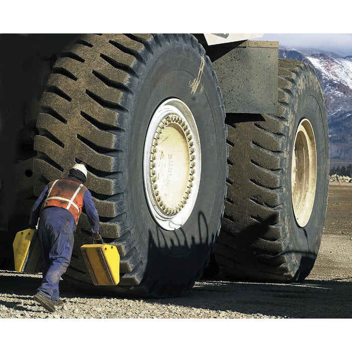 Heavy Duty Wheel Chocks - 142" Max Tire Diameter - 427 Tons Capacity - Safety Yellow Polyurethane