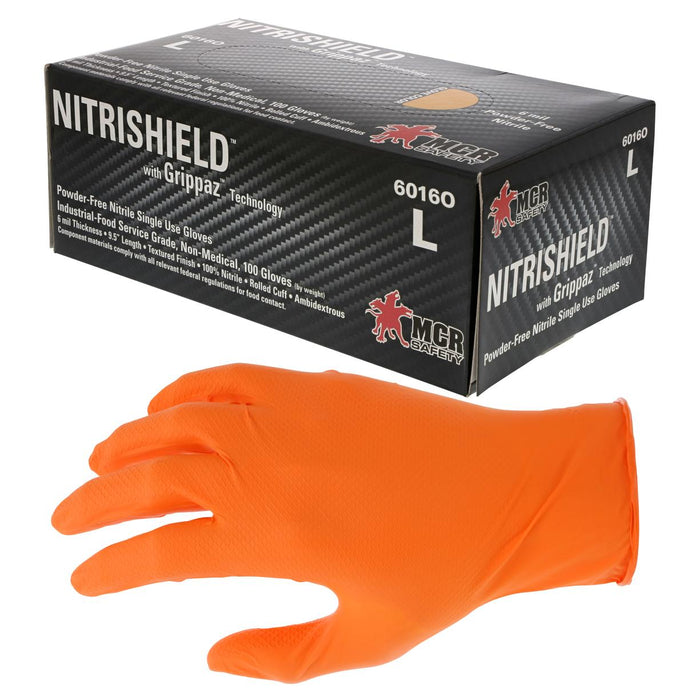 MCR Safety NitriShield Disposable Nitrile Gloves w/ Grippaz Technology - 6 mil - Powder Free - 100 pc box -6016