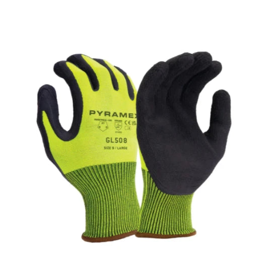 Pyramex® Hi-Vis Latex Dipped Grip Safety Gloves - ANSI Cut Level - A1 - GL508