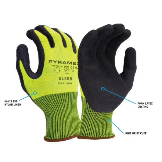 Pyramex® Hi-Vis Latex Dipped Grip Safety Gloves - ANSI Cut Level - A1 - GL508