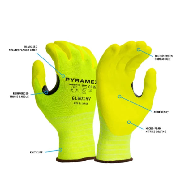 Pyramex® Hi-Vis Micro-Foam Nitrile Safety Gloves - ANSI Cut Level - 1 - GL601HV