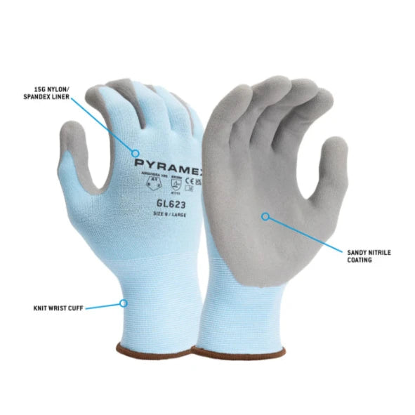 Pyramex® Sandy Nitrile Dipped Safety Gloves - ANSI Cut Level - A1 - GL623