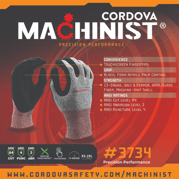 Cordova Safety Machinist Cut Resistant Gloves - 13-Gauge ANSI Cut Level A4 - 3734