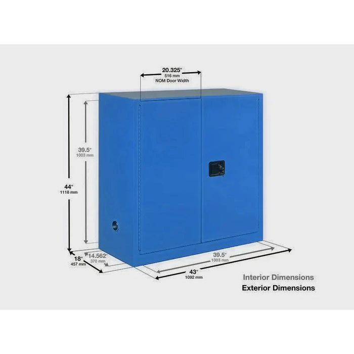 Safety Storage Cabinet 30 Gallon - Acid & Corrosive - 2 Self Closing Doors - 1 Shelf - Blue