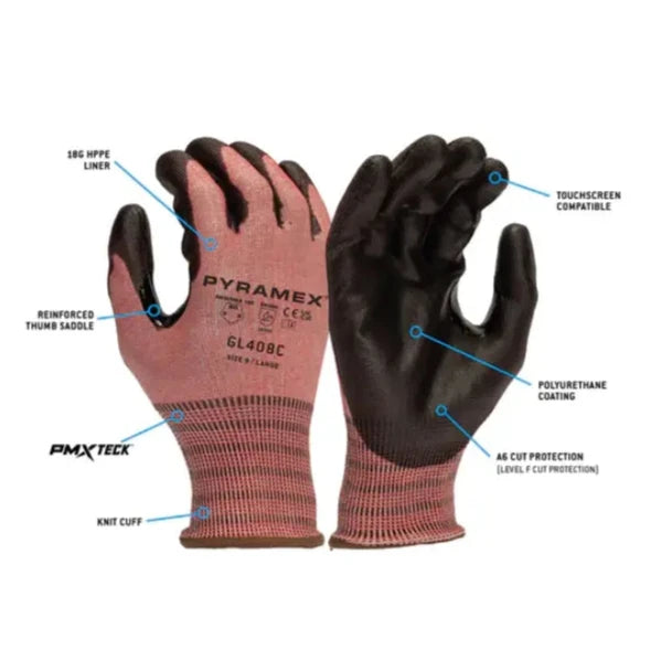 Pyramex® PU Dipped Palms Polyurethane Safety Gloves - ANSI Cut Level 6 - Red - GL408C