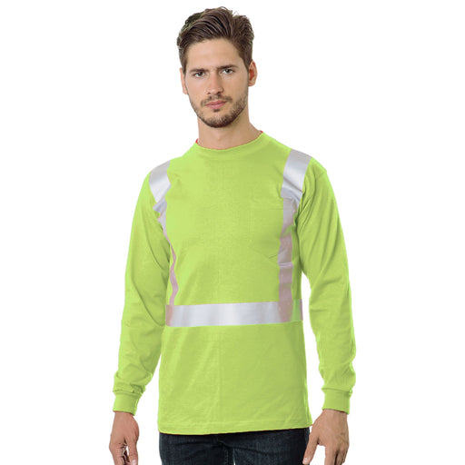 BAYSIDE® MADE IN USA Hi-Vis 50/50 Long Sleeve Pocket Crew Solid Striping - 3782 - Safety Vests and More